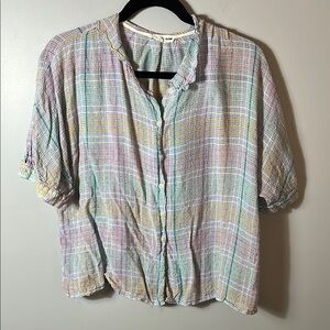 Marcel Lob Multicolor Pastel Plaid Blouse w Scalloped Collared Neckline